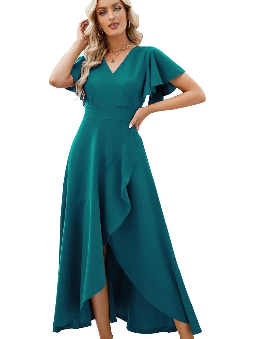 Women's Peacock Blue Gowns Evening V Neck Ruffle Skirts Maxi Guest Dresses